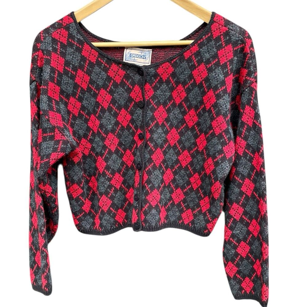 Vintage Sasson Cardigan Red Black Argyle Cropped 90s Preppy Y2K USA Sweater